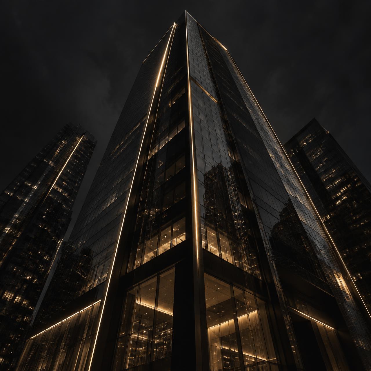Modern glass architecture illuminated at night